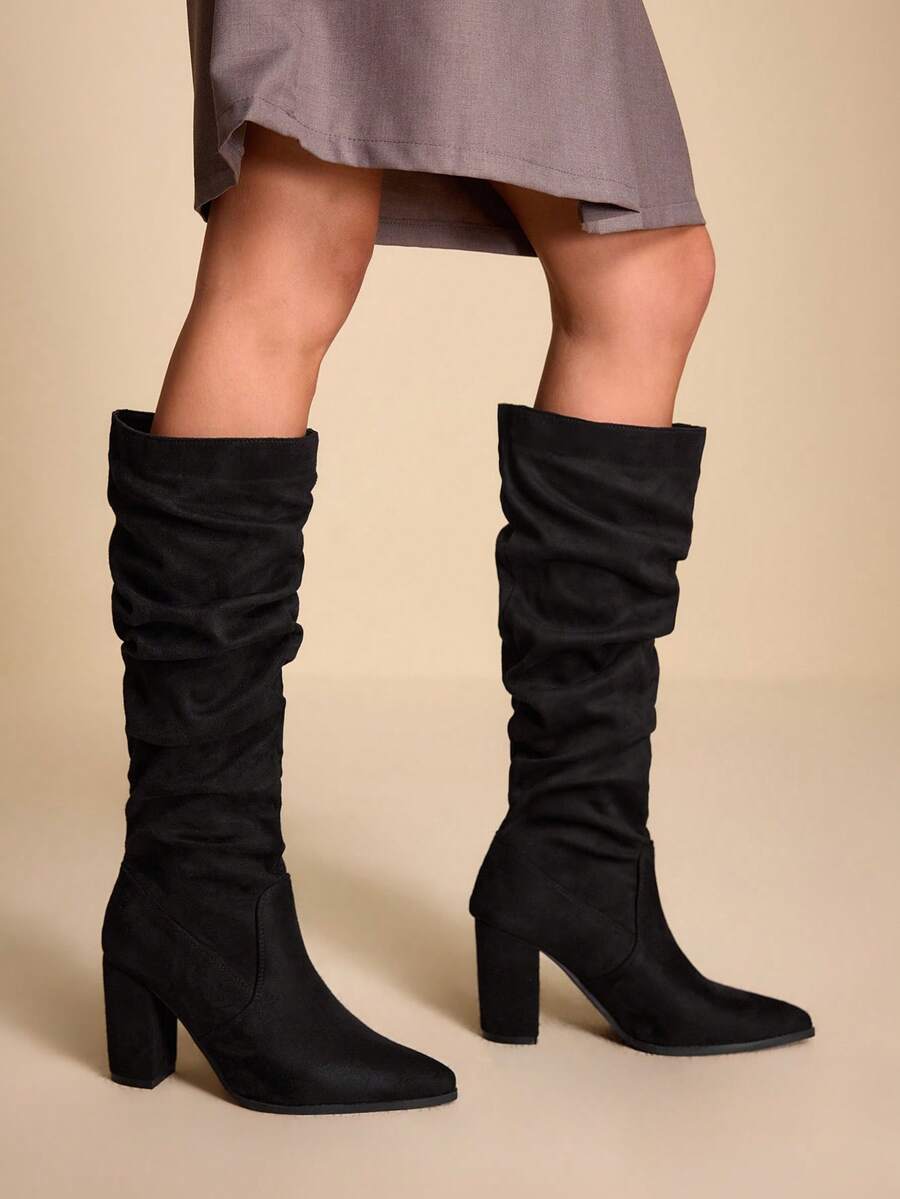Daringsoles 女士时尚百搭通勤粗跟过膝长靴 - 黑色 - 查看 1