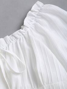 Sweetra Women's White Brick Pattern Collar Cinched Waist Ruffle Tie Cuff Long Sleeve Blouse - White - View 6