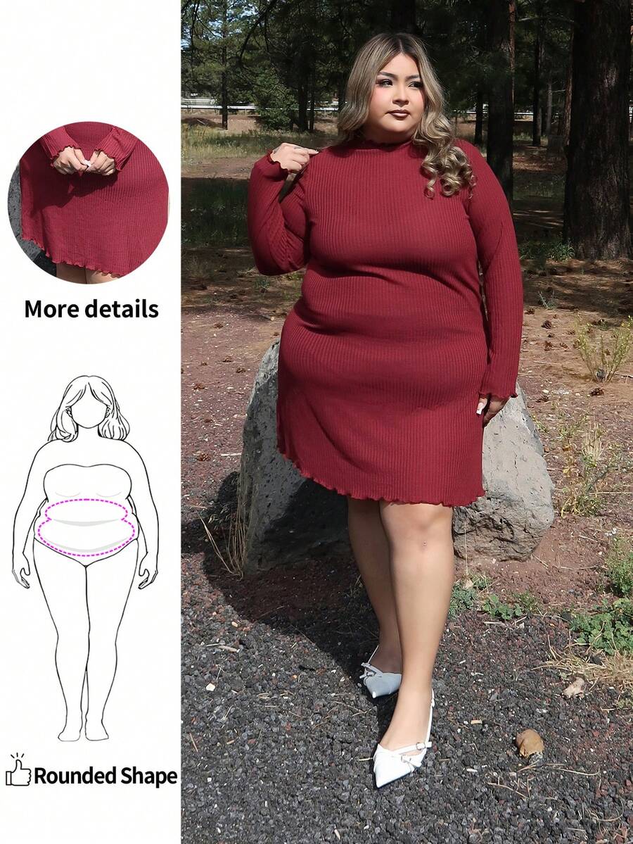 Enliva 大码女式宽松休闲长袖连衣裙，适合秋季穿着，冬季款，曲线加大码/秋冬款 - 酒紅色 - 查看 1