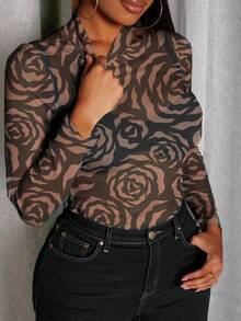 Slaydiva Quần áo gợi cảm/Quần áo lưới trong suốt/Quần áo Y2k/Thời trang dạo phố/Trang phục dự tiệc/Áo thun lưới cổ cao tay dài dành cho nữ/Áo lưới đen/Họa tiết hoa hồng - Nhiều màu - Xem 3