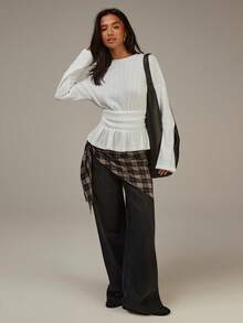 Athîral Women's White Round Neck, Drop Shoulder, Long Sleeve, Ruffled Hem Casual Top, With Pleated Waist, A-Line Hem, Fitted Silhouette, Comfortable And Warm Fabric,White Top,Casual For Women,White For New Year's Eve - White - View 2