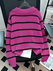 GlowEve 女士休闲宽松条纹毛衣，秋冬 - 玫瑰紅 - 查看 2