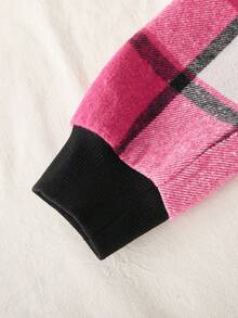 Sparklyn 2 pièces/Set Veste à capuche décontractée à manches longues pour filles, en tissu tricoté à carreaux rose rouge avec fausses poches et design à boutons devant + Pantalon ample et confortable à cordon de serrage en patchwork à carreaux rose rouge, convient pour les sorties et les rassemblements quotidiens - Rose vif - Voir 5