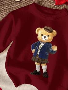 SHEIN Suéter informal de cuello redondo con estampado de oso para niña, otoño/invierno - Burdeos - Ver 7