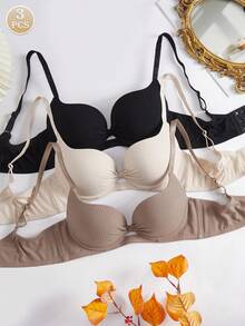 3件套女士舒适休闲罗纹面料纯色肩带柔软蝴蝶结罩杯钢圈支撑内衣文胸 - 彩色 - 查看 1