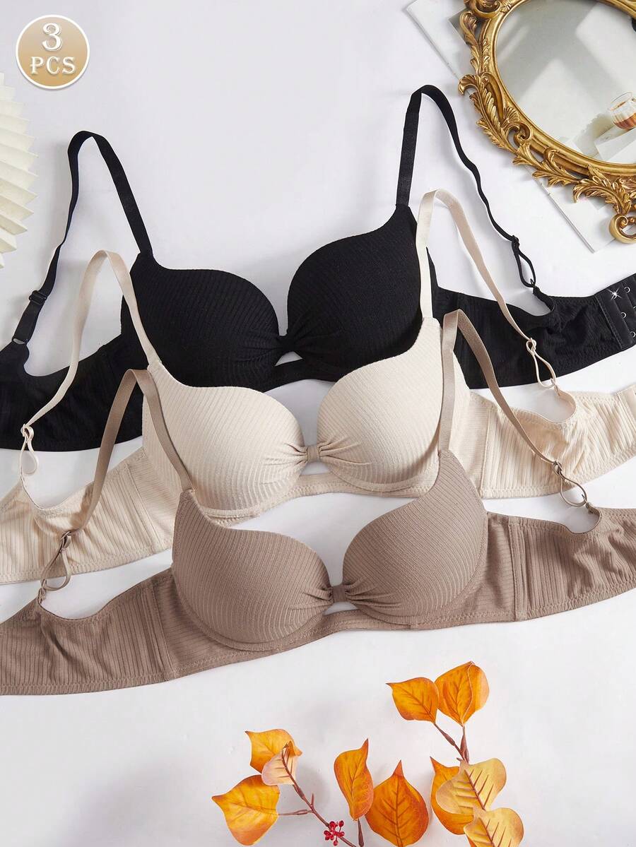 3件套女士舒适休闲罗纹面料纯色肩带柔软蝴蝶结罩杯钢圈支撑内衣文胸 - 彩色 - 查看 1