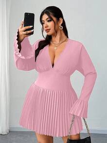 Elenzga 大码女式纯色深V领喇叭袖褶裥下摆性感连衣裙 - 粉色 - 查看 3