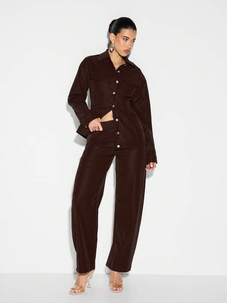 KIZN 高腰绗缝纹理阔腿裤，纽扣前襟，秋冬款 - 酒紅色 - 查看 1