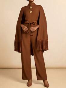 Vesra Women's Poncho Cloak Style Front & Middle Metal Tassel Jumpsuit - Brown - View 4
