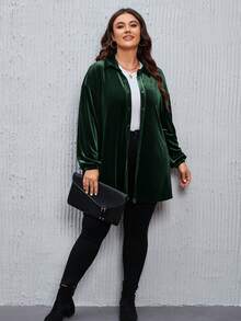 SHEIN LUNE Plus Size Solid Color Drop Shoulder Long Sleeve Front Button Loose Casual Versatile Shirt Plus Size Winter Clothes 8xl Women Clothes Plus Size Jacket Plus Size Cardigans Plus Size Fall Clothing - Army Green - View 3
