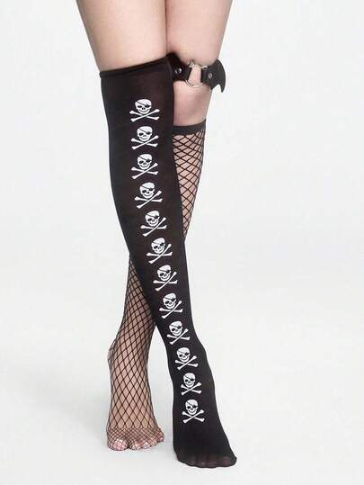 Grunge Punk 1pc Sexy Skull Print Thigh High Socks + 1pc Bat Cat Leg Garter + 1pc Thigh High Fishnet Socks, Y2K Style Outfit Combination, Suitable For Daily Wear And Parties