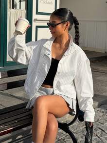 Muchica Women's Casual Striped Long Sleeve Jacket For Going Out Outfits, Back To School, Streetwear - White - View 1