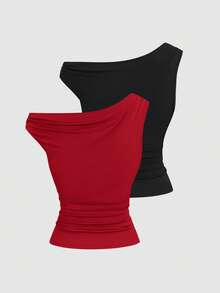 Sweetra 2pcs/Set Asymmetric Collar Fitted T-Shirt, Versatile Casual Top, Spring/Summer - Multicolor - View 2