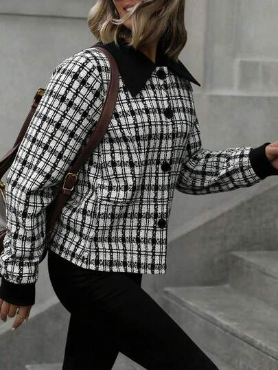 EURMUSE Women, Casual, Contrast Large Collar, Button Front, Two Tone Plaid, Vintage Style Checkered Long Sleeve, Regular Length