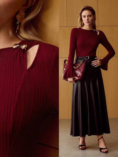 MOTF PREMIUM リブニット カットアウト メタル ディテール フレアスリーム スリムフィット Tシャツ