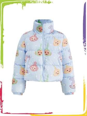 Teletubbies X ROMWE Women's Warm Allover Print Zip-Up Stand Collar Padded Coat, Winter