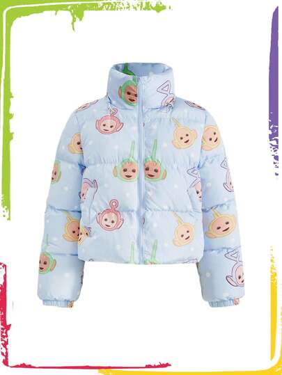 Teletubbies X ROMWE Cappotto imbottito da donna con chiusura lampo, collo alto e stampa all-over, adatto per l'inverno