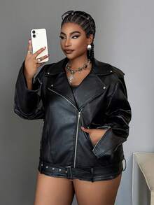 Maweii 大码纯色系带夹克，时尚通勤装，秋季必备 - 黑色 - 查看 4