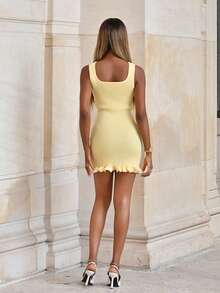 Mima John Spring Summer Ladies Fashion Elegant Casual Simple Commuter Daily Goose Yellow Solid Colour Hem Ruffle Design Pit Stripe Square Neck Sleeveless Halter Short Dresses - Yellow - View 2