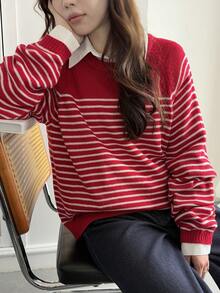 DAZY 女士宽松条纹拼接撞色休闲毛衣，红色 - 紅色 - 查看 5