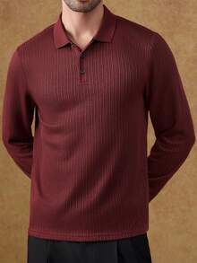 Core Aspect 针织钩编面料，纯色Polo衫，针织Polo衫，休闲Polo衫，纽扣Polo衫，适合日常外出、朋友聚会、休闲周末穿着，男士酒红色纯色长袖罗纹针织Polo衫，常规下摆商务风格 - 酒紅色 - 查看 7