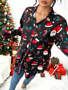 EMERY ROSE Plus Solid Button Front Blouse Women Shirt - Black - View 3