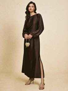 Poéselle Women's Solid Color Round Neck Lantern Sleeve Side Slit Hem Elegant Dress,Chocolate Satin Long Sleeve Maxi Dress - Elegant Side Slit Holiday Christmas Evening Gown For Women - Rust Brown - View 3