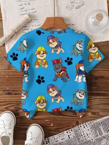 Rubble X SHEIN 男童休闲卡通狗印花圆领短袖T恤，夏季 - 白色 - 查看 2