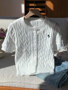 Comfortcana Áo khoác cardigan tay ngắn thêu họa tiết đơn giản, đa năng dành cho nữ - trắng - Xem 6