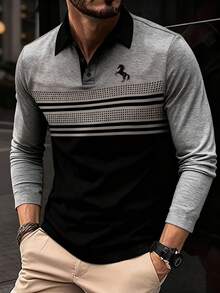 Manfinity Dauomo 男士长袖Polo衫，秋季休闲外套，日常穿着，小图标印花图案设计 - 彩色 - 查看 1