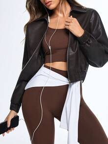 SHEIN Sports Women's Solid Color Scoop Neck Long Sleeve Top And High Waist Skinny Pants Activewear Set - Coffee Brown - View 7