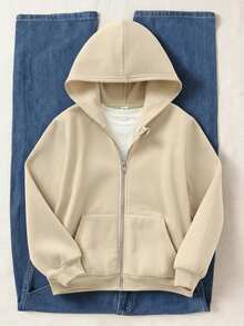 SHEIN Tween Girls Casual Hooded Cardigan Jacket, Autumn/Winter - Apricot - View 3