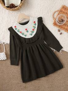 SHEIN 1 buah Gaun Sweater Anak Perempuan, Hijau Sage, Musim Gugur, Elegan, Seperti Peri, Leher Bulat dengan Hiasan Ruffle, Rok A-Line Motif Bunga Bordir, Kain Lembut untuk Pemakaian Sehari-hari - Hijau Tentara - View 3