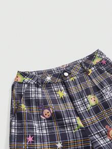 Teletubbies X ROMWE 女士休闲时尚街头工装口袋印花格子宽松阔腿裤 - 彩色 - 查看 2