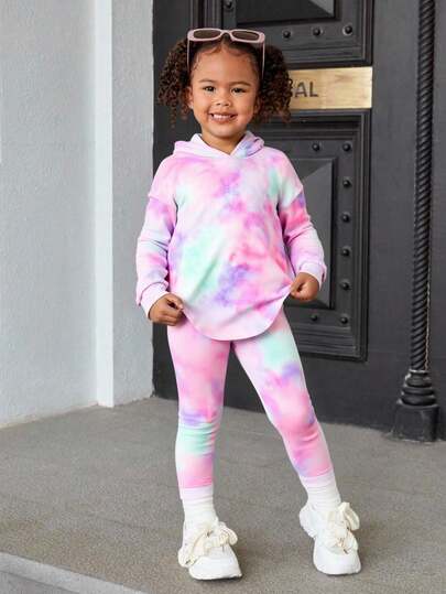 SHEIN 2pcs Y2K Streetwear Outfit For Young Girls, Tie-Dye Oversized Hoodie With Asymmetrical Hem And Skinny Pants, Comfortable Casual Wear For School And Daily Life, Autumn/Winter Girls Tie Dye Set Girls 2 Piece Set Girls Lounge Set Kid 2 Piece Set Long Sleeve Sets Girls