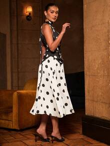 L'Amorae 女士波点拼接中长连衣裙，配颈巾细节，适合婚礼宾客穿着 - 黑與白 - 查看 5