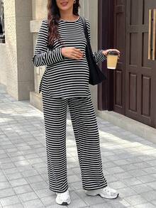 SHEIN 两件套孕妇装：长袖圆领条纹T恤（侧开衩），直筒条纹裤 - 黑與白 - 查看 2