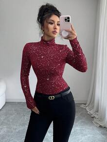 Elenzga Áo thun nữ cổ cao tay dài ôm sát sequin thời trang, thích hợp mặc hàng ngày, mùa thu - Màu Đỏ Sâu - Xem 5