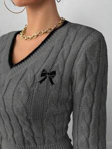 Elenzga 秋冬时尚蝴蝶刺绣V领麻花针织女式套头毛衣 - 深灰色 - 查看 3