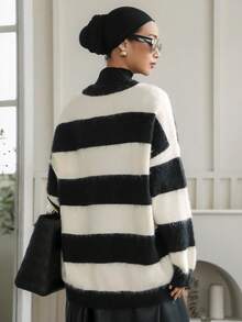 DAZY كنزة صوفية كاجوال بأكمام طويلة وياقة طاقم فضفاضة بتصميم شريطي متباين، لموسم الخريف/الشتاء للنساء