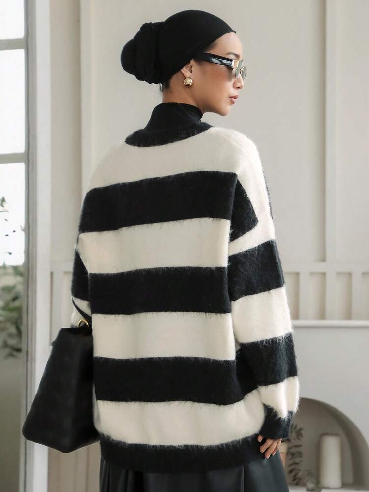 Contrast Stripe Loose Crew Neck Long Sleeve Casual Street Style Knit Sweater For Women, Autumn/Winter