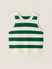 Muvela 女式绿色撞色条纹无袖圆领休闲针织上衣，夏季 - 綠色 - 查看 1