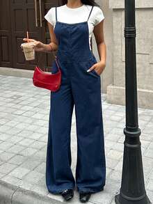 K-Vae 女士牛仔蓝全韩版休闲水洗吊带牛仔连体裤，秋季女装，返校连体裤，教师装