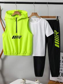 SHEIN Compra 2 y llévate 1 gratis, Set de 3 piezas de sudadera con capucha, chaleco y pantalones de cintura elástica cómodos y de moda minimalistas y prácticos con una camiseta de regalo, multipack, adecuado para otoño, primavera, verano, para uso diario, actividades al aire libre, escuela, estilo callejero, fiestas y ocio - Multicolor - Ver 4