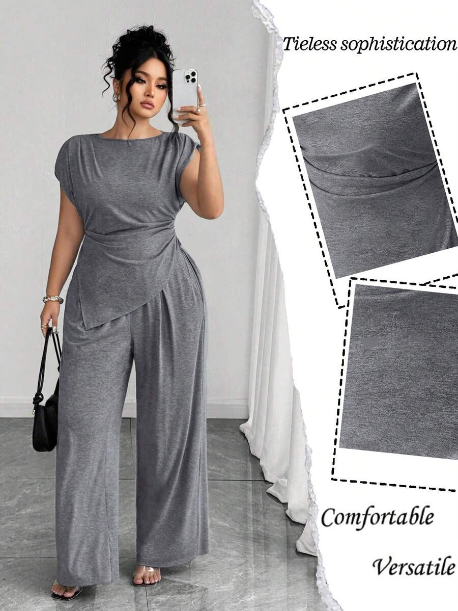 Elenzga Plus Size Stand Collar Ruched Shoulder Pleated Top With Asymmetric Hem + Ruched Waist Casual Wide Leg Pants - Grey - View 1