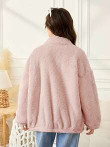 SHEIN 少女款纯色双面抓绒拼接领休闲外套