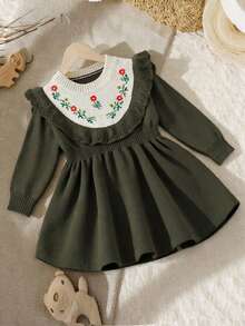 SHEIN 1 buah Gaun Sweater Anak Perempuan, Hijau Sage, Musim Gugur, Elegan, Seperti Peri, Leher Bulat dengan Hiasan Ruffle, Rok A-Line Motif Bunga Bordir, Kain Lembut untuk Pemakaian Sehari-hari - Hijau Tentara - View 1