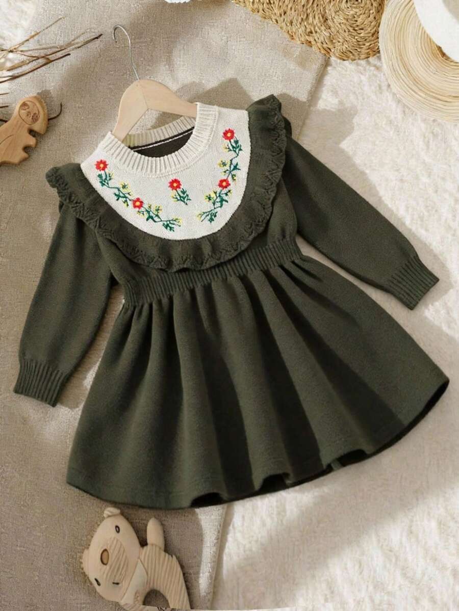 SHEIN 1 buah Gaun Sweater Anak Perempuan, Hijau Sage, Musim Gugur, Elegan, Seperti Peri, Leher Bulat dengan Hiasan Ruffle, Rok A-Line Motif Bunga Bordir, Kain Lembut untuk Pemakaian Sehari-hari - Hijau Tentara - View 1