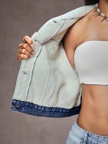 Jeanoix Women's Fuzzy Collar Long Sleeve Cropped Denim Washed Top, Autumn/Winter - Dark Wash - View 4