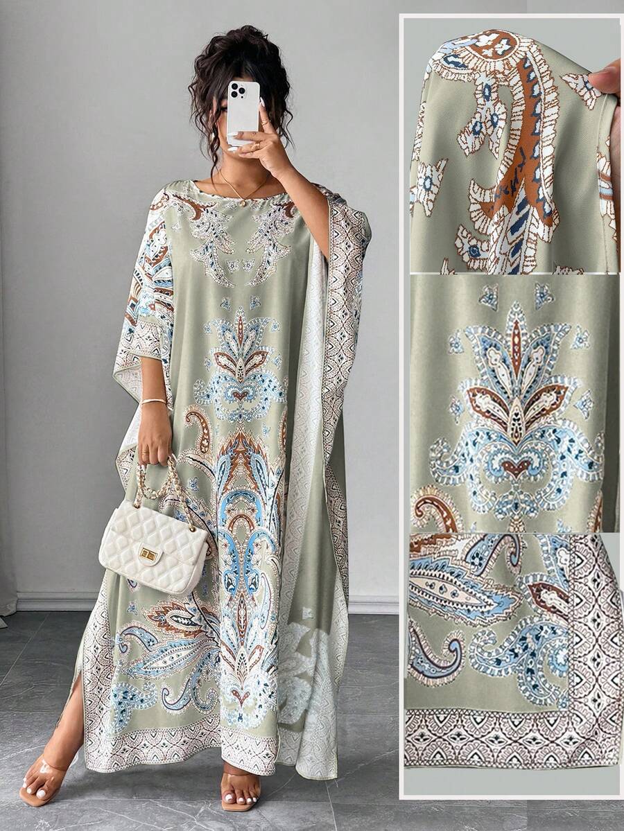 Elenzga 加大码蝙蝠袖圆领印花宽松连衣裙，适合度假和聚会 - 綠色 - 查看 1